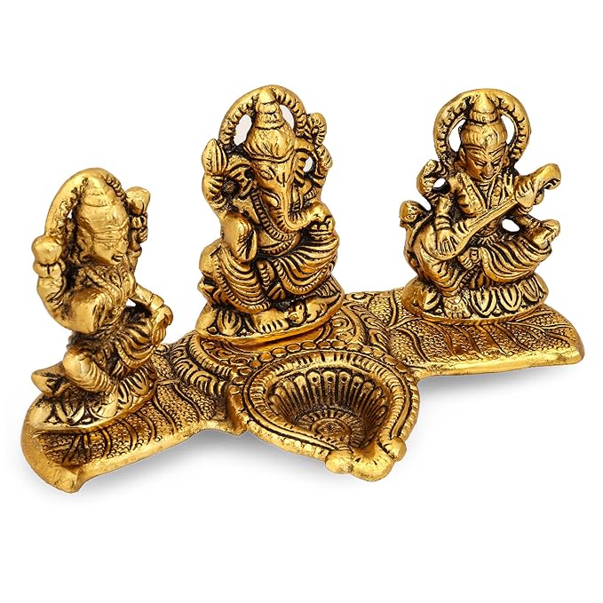 Design Gold Plated Lakshmi Ganesh Saraswati Idol with Deepak Showpiece