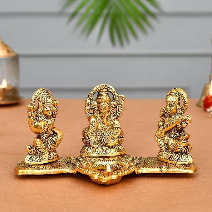 Design Gold Plated Lakshmi Ganesh Saraswati Idol with Deepak Showpiece