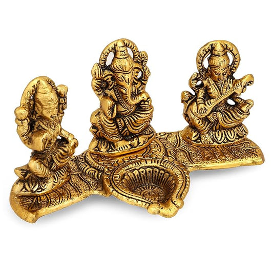 Design Gold Plated Lakshmi Ganesh Saraswati Idol with Deepak Showpiece
