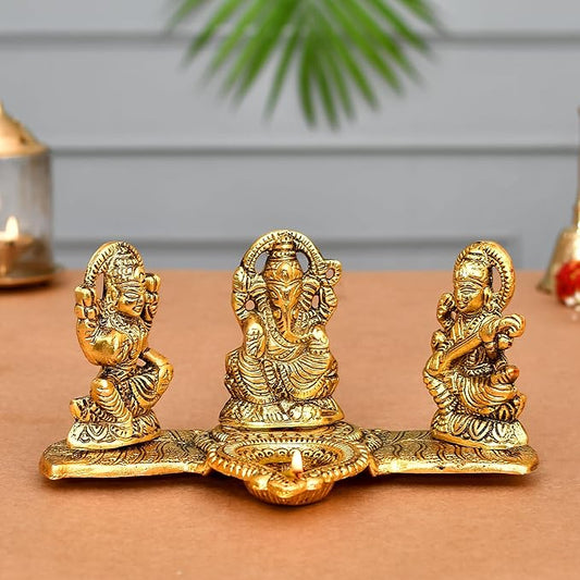 Design Gold Plated Lakshmi Ganesh Saraswati Idol with Deepak Showpiece